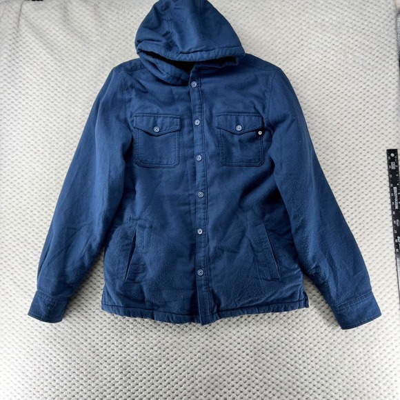 Marmot Hooded Shirt Jacket Sherpa Lined Button Up Chore Ridgefield Hoodie Blue M - Picture 1 of 11